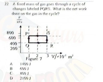 22 A fixed mass of gas goes through a cycle of
changes labeled PORS, What is the net work
done on the gas in the cycle?
800
G00
400
200
Figure 7 3 V/-10' m²
2
1400 J
600 J
200 J
2100 J
