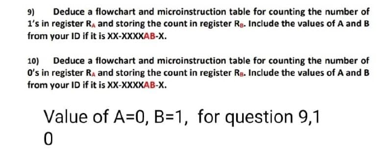 9) Deduce a flowchart and microinstruction table for counting the number of
1's in register RA and storing the count in register RB. Include the values of A and B
from your ID if it is XX-XXXXAB-X.
10) Deduce a flowchart and microinstruction table for counting the number of
O's in register RA and storing the count in register RB. Include the values of A and B
from your ID if it is XX-XXXXAB-X.
Value of A=0, B=1, for question 9,1
0