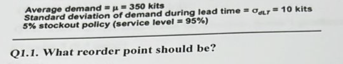 Average demand = μ = 350 kits
Standard deviation of demand during lead time = LT= 10 kits
5% stockout policy (service level = 95%)
Q1.1. What reorder point should be?