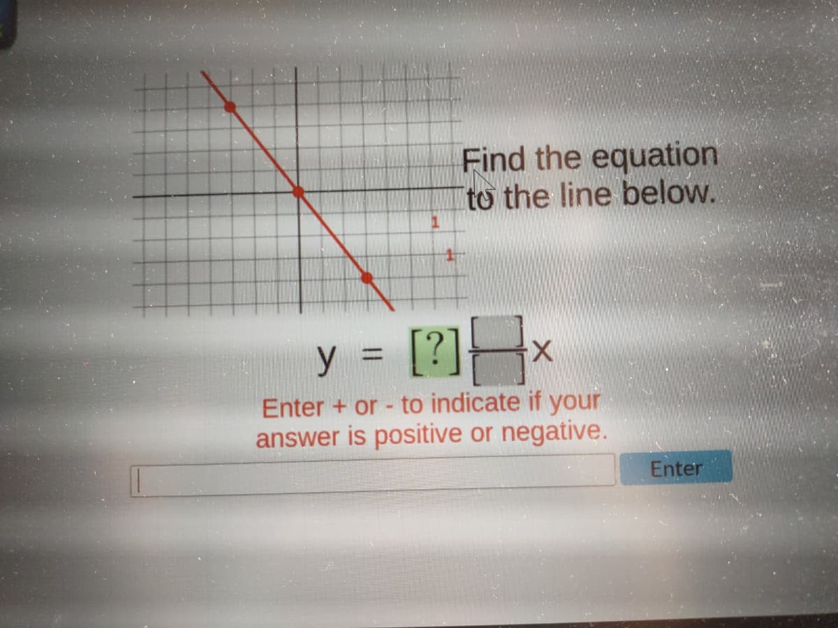 Find the equation
to the line below.
y = [?] x
Enter + or - to indicate if your
answer is positive or negative.
Enter