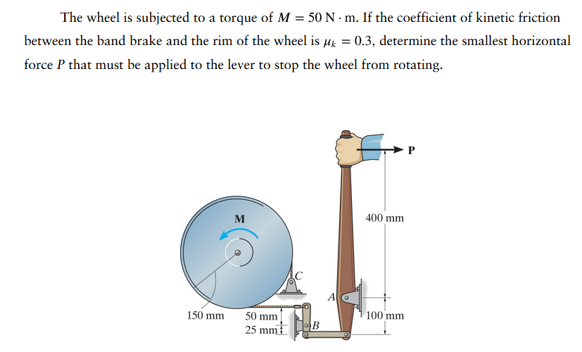 The wheel is subjected to a torque of M = 50 N · m. If the coefficient of kinetic friction
between the band brake and the rim of the wheel is μ = 0.3, determine the smallest horizontal
force P that must be applied to the lever to stop the wheel from rotating.
150 mm
M
50 mm
25 mm
B
400 mm
100 mm