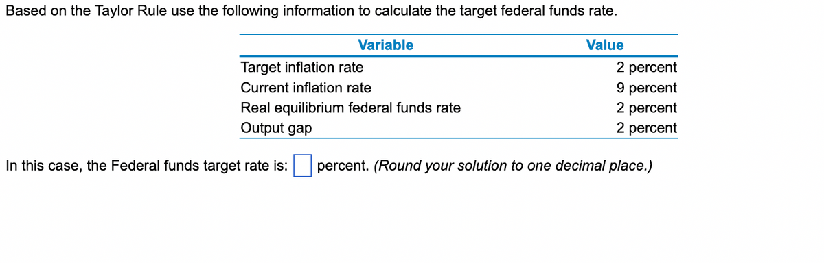 Based on the Taylor Rule use the following information to calculate the target federal funds rate.
Value
Variable
2 percent
9 percent
2 percent
Real equilibrium federal funds rate
Output gap
2 percent
In this case, the Federal funds target rate is: percent. (Round your solution to one decimal place.)
Target inflation rate
Current inflation rate