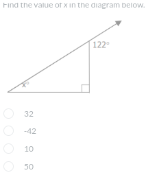 Find the value of x in the diagram below.
32
-42
10
50
122°