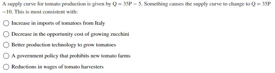 A supply curve for tomato production is given by Q = 35P - 5. Something causes the supply curve to change to Q = 35P
-10. This is most consistent with:
Increase in imports of tomatoes from Italy
Decrease in the opportunity cost of growing zucchini
Better production technology to grow tomatoes
A government policy that prohibits new tomato farms
Reductions in wages of tomato harvesters