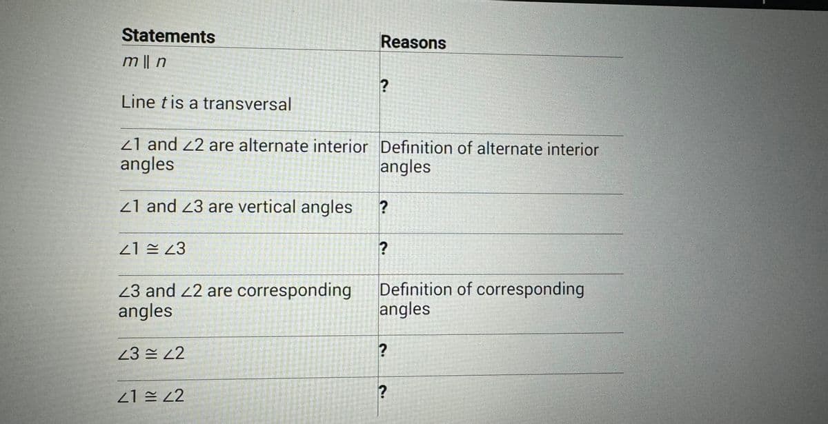 Statements
m|n
Line tis a transversal
21 and 22 are alternate interior Definition of alternate interior
angles
angles
21 23
21 and 23 are vertical angles ?
23 and 22 are corresponding
angles
Reasons
43 = 42
?
41 42
(0)
?
Samass
?
Al
Definition of corresponding
angles