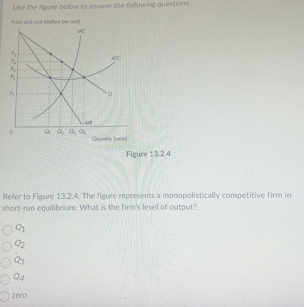 Use the figure below to answer the following questions.
Price and cost (dollars per unit)
MC
Ps
РА
P₂
P
0
Q1
Q2
Q3
Q4
QQ₂ Q3 Q
zero
MR
Refer to Figure 13.2.4. The figure represents a monopolistically competitive firm in
short-run equilibrium. What is the firm's level of output?
ATC
Quantity (units)
Figure 13.2.4
