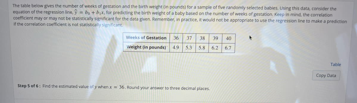 The table below gives the number of weeks of gestation and the birth weight (in pounds) for a sample of five randomly selected babies. Using this data, consider the
equation of the regression line, y = bọ + b1x, for predicting the birth weight of a baby based on the number of weeks of gestation. Keep in mind, the correlation
coefficient may or may not be statistically significant for the data given. Remember, in practice, it would not be appropriate to use the regression line to make a prediction
if the correlation coefficient is not statistically significant.
Weeks of Gestation
36
37
38
39
40
Weight (in pounds)
4.9
5.3
5.8
6.2
6.7
Table
Copy Data
Step 5 of 6: Find the estimated value of y when x = 36. Round your answer to three decimal places.
