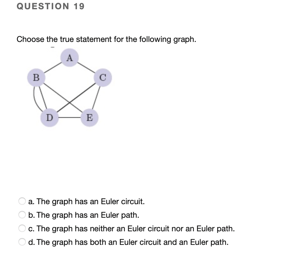 QUESTION 19
Choose the true statement for the following graph.
A
D
E
a. The graph has an Euler circuit.
b. The graph has an Euler path.
c. The graph has neither an Euler circuit nor an Euler path.
d. The graph has both an Euler circuit and an Euler path.
