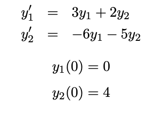 3y1 + 2y2
-6y1 – 5y2
||
Ул (0) — 0
Y2 (0) = 4
