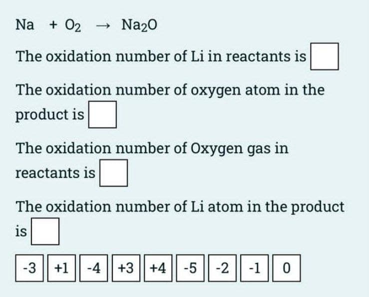 Na + 0₂
The oxidation
The oxidation number of oxygen atom in the
product is
The oxidation number of Oxygen gas in
reactants is
The oxidation number of Li atom in the product
is
-3
Na₂0
number of Li in reactants is
+1
-4
+3
+3 +4 -5 -2 -1 0