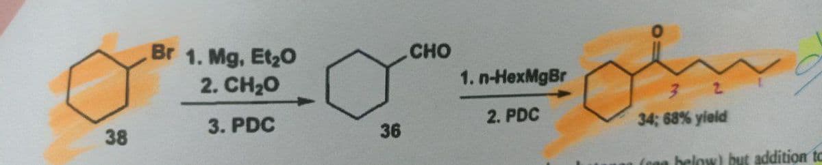 38
Br 1. Mg, Et₂0
2. CH2O
3. PDC
36
CHO
1. n-HexMgBr
2. PDC
پہلی
34; 68% yield
(a below) but addition to