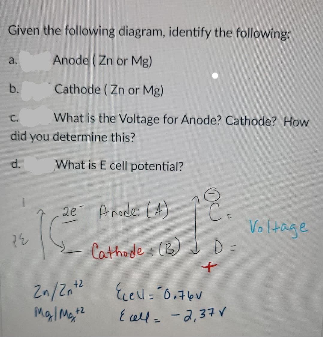 Given the following diagram, identify the following:
Anode (Zn or Mg)
b.
Cathode (Zn or Mg)
C.
What is the Voltage for Anode? Cathode? How
did you determine this?
What is E cell potential?
2e Anode: (A)
C
Voltage
PE
1²²
2n/2n+2
Mg|Mat2
Cathode: (B)
+
Ecell="0.760
E all= -2,37 V
=