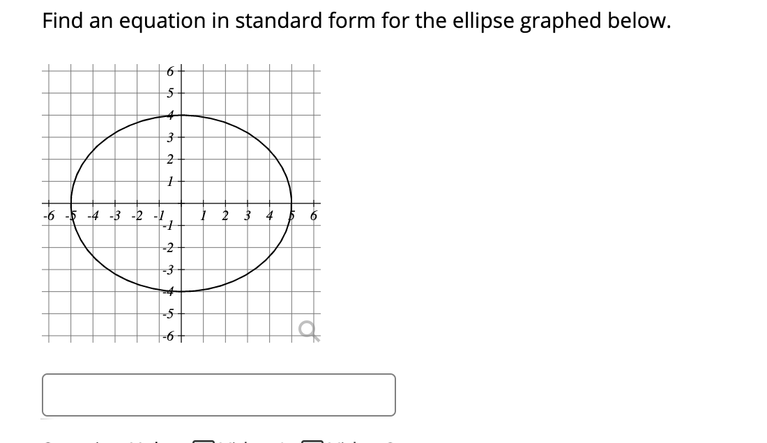 Find an equation in standard form for the ellipse graphed below.
4
-6 -5 -4 -3 -2 -1
-2
-5
-6-
