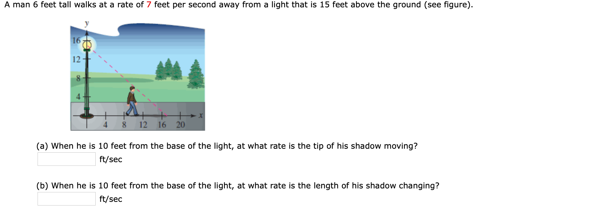 A man 6 feet tall walks at a rate of 7 feet per second away from a light that is 15 feet above the ground (see figure).
16
12
8
+
12
16
20
4.
8.
(a) When he is 10 feet from the base of the light, at what rate is the tip of his shadow moving?
ft/sec
(b) When he is 10 feet from the base of the light, at what rate is the length of his shadow changing?
ft/sec
