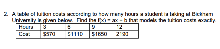 2. A table of tuition costs according to how many hours a student is taking at Bickham
University is given below. Find the f(x) = ax + b that models the tuition costs exactly.
Hours
3
9
12
Cost
$570
$1110
$1650
2190
