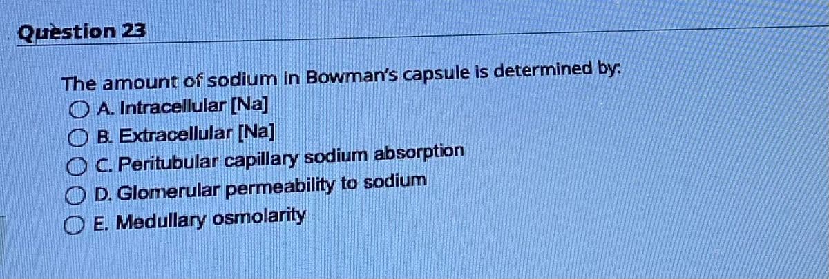 Question 23
The amount of sodium in Bowman's capsule is determined by:
A. Intracellular [Na]
OB. Extracellular [Na]
OC. Peritubular capillary sodium absorption
OD. Glomerular permeability to sodium
OE. Medullary osmolarity