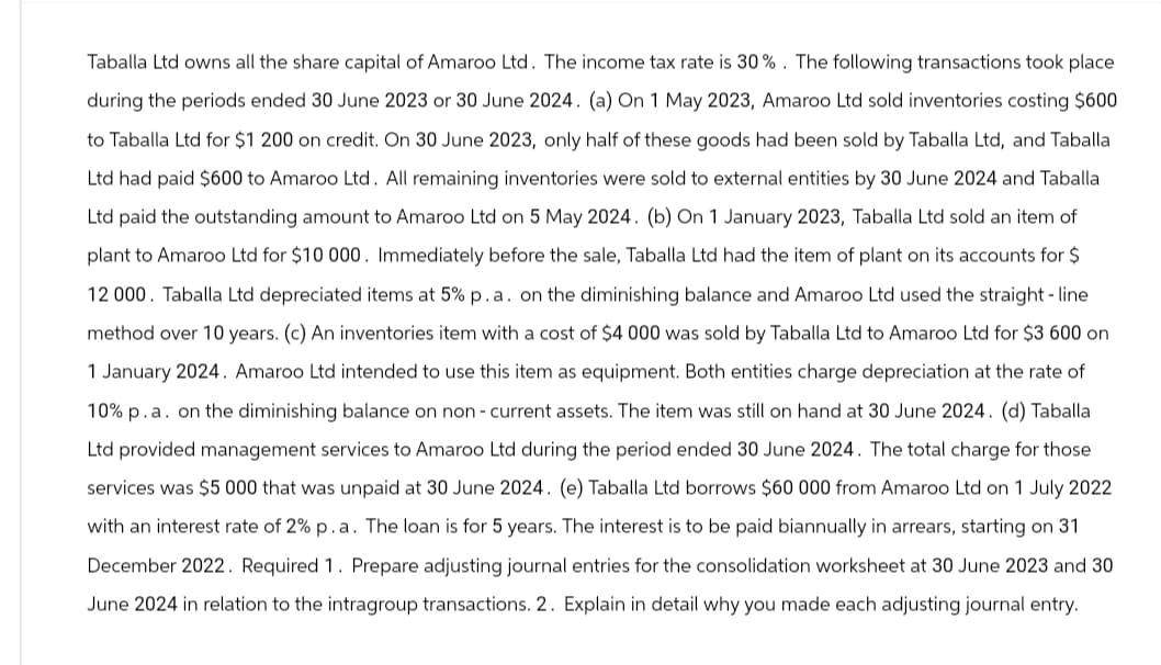Taballa Ltd owns all the share capital of Amaroo Ltd. The income tax rate is 30%. The following transactions took place
during the periods ended 30 June 2023 or 30 June 2024. (a) On 1 May 2023, Amaroo Ltd sold inventories costing $600
to Taballa Ltd for $1 200 on credit. On 30 June 2023, only half of these goods had been sold by Taballa Ltd, and Taballa
Ltd had paid $600 to Amaroo Ltd. All remaining inventories were sold to external entities by 30 June 2024 and Taballa
Ltd paid the outstanding amount to Amaroo Ltd on 5 May 2024. (b) On 1 January 2023, Taballa Ltd sold an item of
plant to Amaroo Ltd for $10 000. Immediately before the sale, Taballa Ltd had the item of plant on its accounts for $
12 000. Taballa Ltd depreciated items at 5% p. a. on the diminishing balance and Amaroo Ltd used the straight-line
method over 10 years. (c) An inventories item with a cost of $4 000 was sold by Taballa Ltd to Amaroo Ltd for $3 600 on
1 January 2024. Amaroo Ltd intended to use this item as equipment. Both entities charge depreciation at the rate of
10% p. a. on the diminishing balance on non-current assets. The item was still on hand at 30 June 2024. (d) Taballa
Ltd provided management services to Amaroo Ltd during the period ended 30 June 2024. The total charge for those
services was $5 000 that was unpaid at 30 June 2024. (e) Taballa Ltd borrows $60 000 from Amaroo Ltd on 1 July 2022
with an interest rate of 2% p.a. The loan is for 5 years. The interest is to be paid biannually in arrears, starting on 31
December 2022. Required 1. Prepare adjusting journal entries for the consolidation worksheet at 30 June 2023 and 30
June 2024 in relation to the intragroup transactions. 2. Explain in detail why you made each adjusting journal entry.