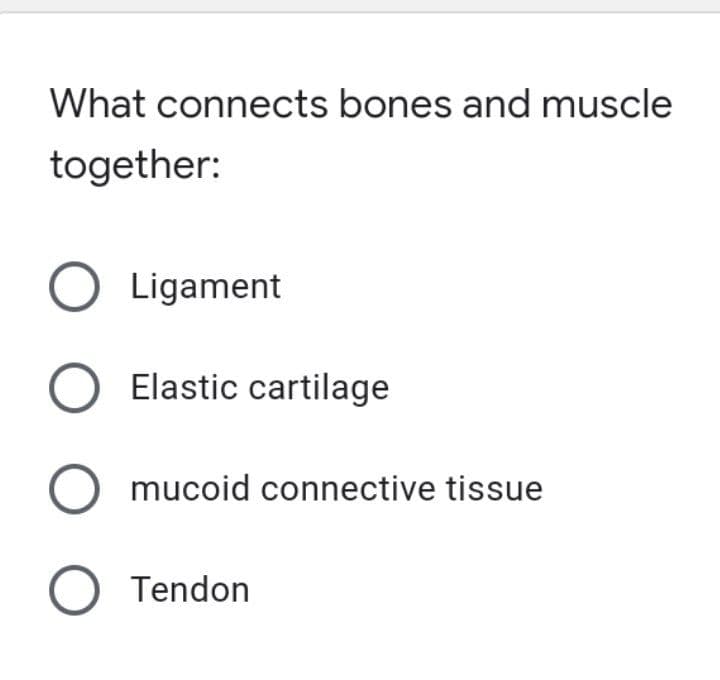 What connects bones and muscle
together:
O Ligament
O Elastic cartilage
O mucoid connective tissue
O Tendon