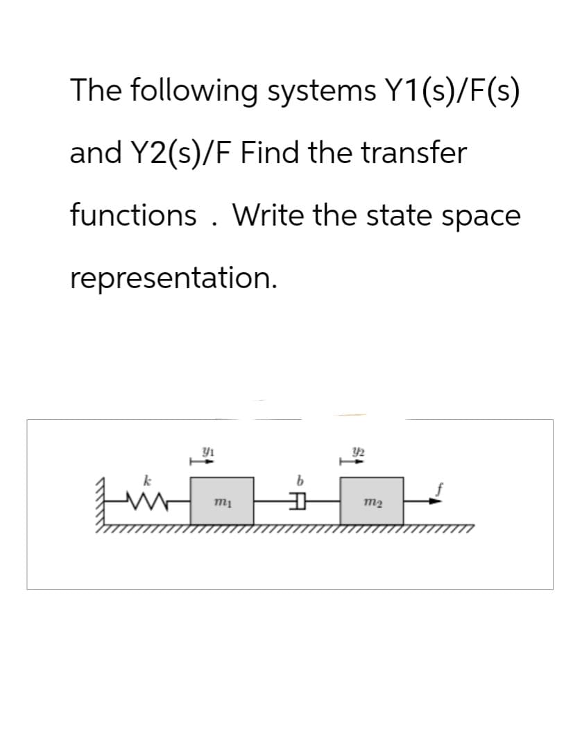 The following systems Y1(s)/F(s)
and Y2(s)/F Find the transfer
functions. Write the state space
representation.
mi
b
Y2
+
m2