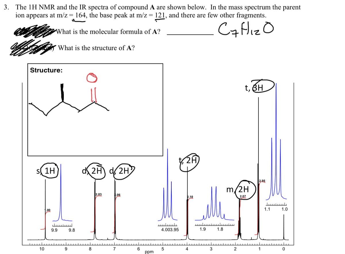 3. The 1H NMR and the IR spectra of compound A are shown below. In the mass spectrum the parent
ion appears at m/z
164, the base peak at m/z = 121, and there are few other fragments.
CaftlizO
What is the molecular formula of A?
What is the structure of A?
Structure:
t, BH
2A)
s 1H
2H d 2H)
2.95
m/2H
2.03
.06
-10
2.07
1.00
1.1
1.0
9.9
9.8
4.003.95
1.9
1.8
9.
8
7
6.
ppm
10
4
3
2
1
