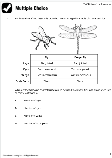 2
Multiple Choice
An illustration of two insects is provided below, along with a table of characteristics.
Legs
Eyes
Wings
Body Parts
A
B
с
Fly
Six; jointed
Two; compound
Two; membranous
Three
Which of the following characteristics could be used to classify flies and dragonflies into
separate categories?
Number of legs
Number of eyes
Number of wings
Number of body parts
D
7L1AB Classifying Organisms
ⒸAccelerate Leaming inc.- Rights Reserved
Dragonfly
Six; jointed
Two; compound
Four; membranous
Three
2