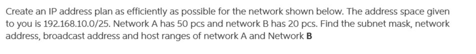 Create an IP address plan as efficiently as possible for the network shown below. The address space given
to you is 192.168.10.0/25. Network A has 50 pcs and network B has 20 pcs. Find the subnet mask, network
address, broadcast address and host ranges of network A and Network B
