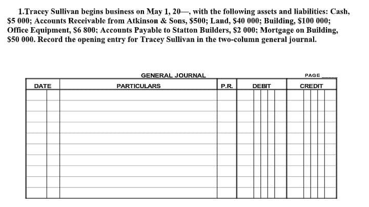 1.Tracey Sullivan begins business on May 1, 20-, with the following assets and liabilities: Cash,
$5 000; Accounts Receivable from Atkinson & Sons, $500; Land, $40 000; Building, $100 000;
Office Equipment, $6 800; Accounts Payable to Statton Builders, $2 000; Mortgage on Building,
$50 000. Record the opening entry for Tracey Sullivan in the two-column general journal.
GENERAL JOURNAL
PAGE
DATE
PARTICULARS
P.R.
DEBIT
CREDIT
