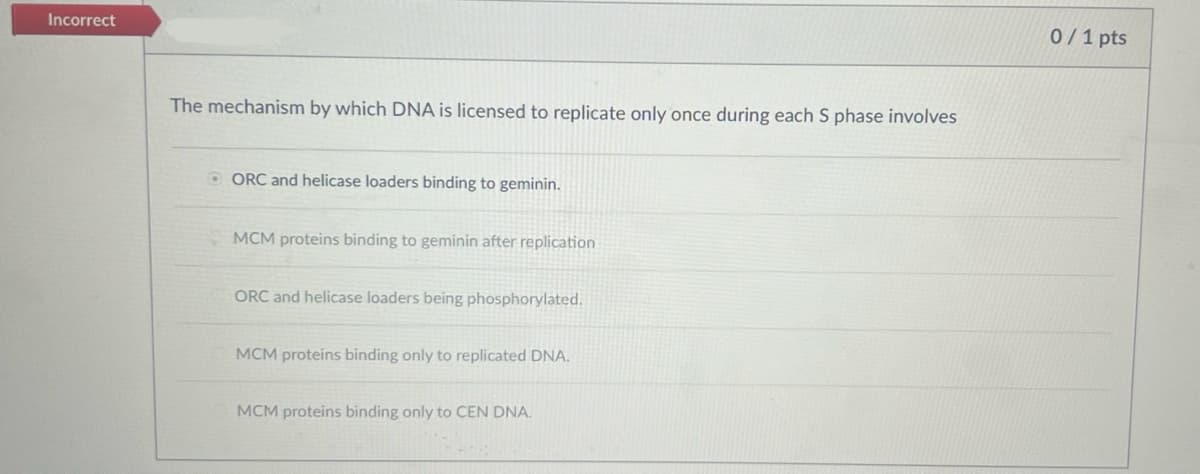 Incorrect
The mechanism by which DNA is licensed to replicate only once during each S phase involves
ORC and helicase loaders binding to geminin.
MCM proteins binding to geminin after replication
ORC and helicase loaders being phosphorylated.
MCM proteins binding only to replicated DNA.
MCM proteins binding only to CEN DNA.
0/1 pts