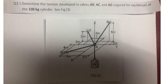Q3) Determine the tension developed in cables AB, AC, and AD required for equilibrium of
the 100 kg cylinder. See Fig (3)
4m
-5m
2m
3m
2m
2m
A
W
FIG (3)
5m
2m
Y