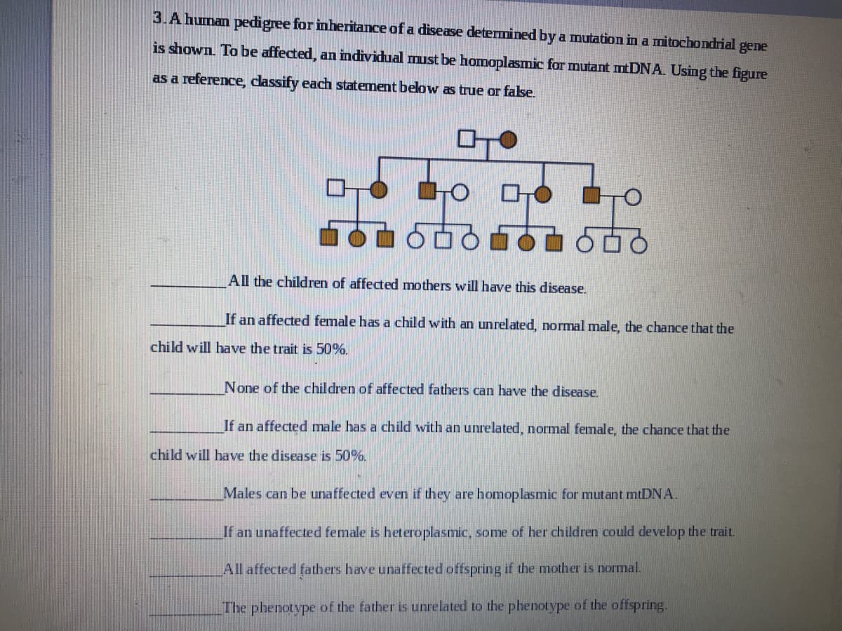 3.A human pedigree for inheritance of a disease determined by a mutation in a mitochondrial gene
is shown. To be affected, an individual must be homoplasmic for mutant mtDNA. Using the figure
as a reference, classify each statement below as true or false.
All the children of affected mothers will have this disease.
If an affected female has a child with an unrelated, normal male, the chance that the
child will have the trait is 50%.
ㅇㅇㅇㅇㅇㅇㅇ
65
S
None of the children of affected fathers can have the disease.
If an affected male has a child with an unrelated, normal female, the chance that the
child will have the disease is 50%.
Males can be unaffected even if they are homoplasmic for mutant mtDNA.
If an unaffected female is heteroplasmic, some of her children could develop the trait.
All affected fathers have unaffected offspring if the mother is normal.
The phenotype of the father is unrelated to the phenotype of the offspring.