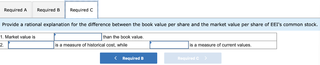 Required A Required B Required C
Provide a rational explanation for the difference between the book value per share and the market value per share of EEI's common stock.
1. Market value is
2.
than the book value.
is a measure of historical cost, while
< Required B
is a measure of current values.
Required C
>