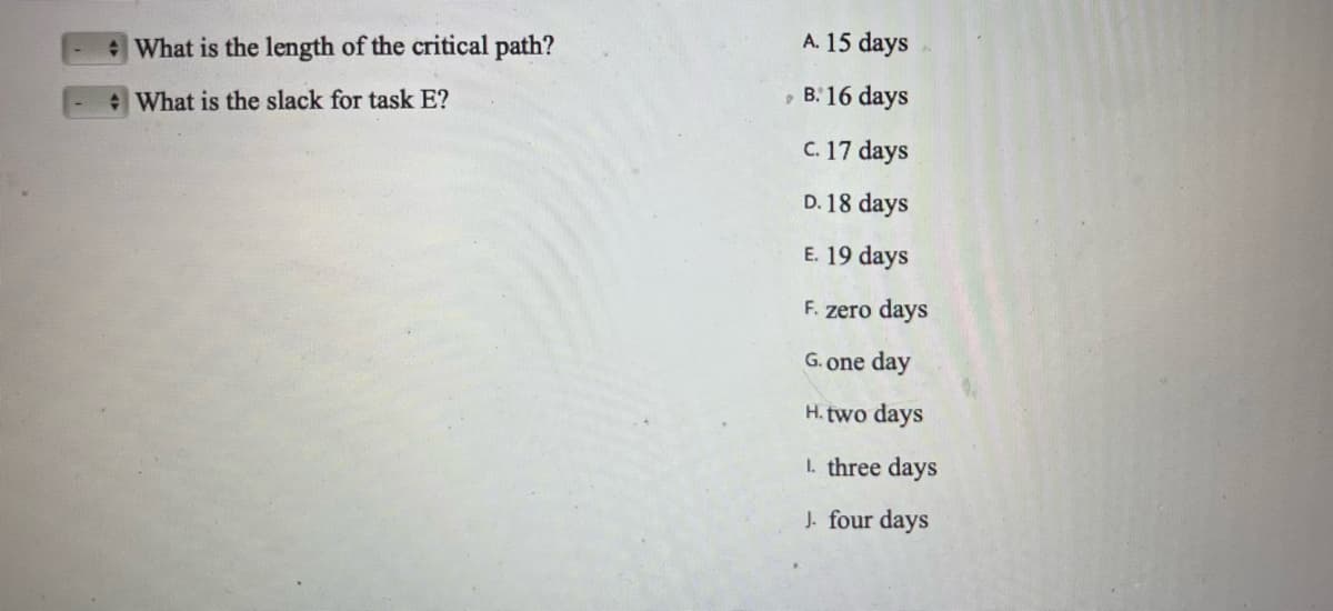 What is the length of the critical path?
What is the slack for task E?
A. 15 days
, B: 16 days
c. 17 days
D. 18 days
E. 19 days
F. zero days
G. one day
H. two days
1. three days
J. four days