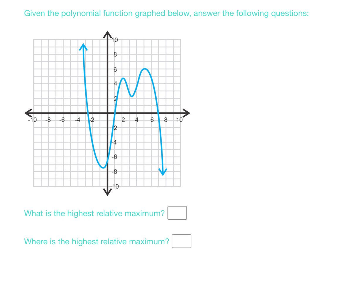 Given the polynomial function graphed below, answer the following questions:
-10- -8 -6 -4 -2
10
8
6
4
M
-4
-6
-8
-10
2
4
6
8 10
What is the highest relative maximum?
Where is the highest relative maximum?