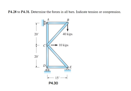 P4.28 to P4.31. Determine the forces in all bars. Indicate tension or compression.
B
20'
20'
D
40 kips
10 kips
||— 15' —
P4.30
E