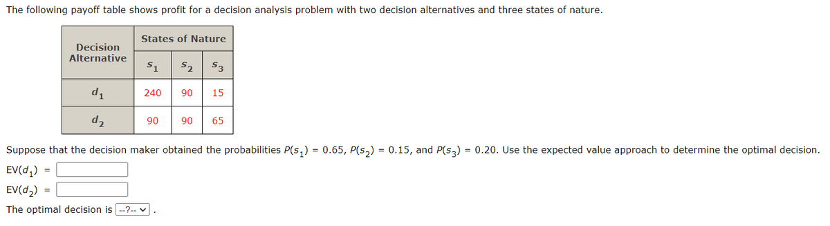 The following payoff table shows profit for a decision analysis problem with two decision alternatives and three states of nature.
States of Nature
Decision
Alternative
$1
52
53
d1
d2
240
90
15
90
90
65
Suppose that the decision maker obtained the probabilities P(s₁) = 0.65, P(s2) = 0.15, and P(S3) = 0.20. Use the expected value approach to determine the optimal decision.
EV(d₁)
EV(d2)
=
=
The optimal decision is --?--✓