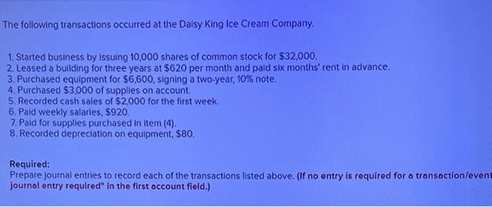 The following transactions occurred at the Dalsy King Ice Cream Company.
1. Started business by Issuing 10,000 shares of common stock for $32,000.
2. Leased a building for three years at $620 per month and pald six months' rent in advance.
3. Purchased equipment for $6,600, signing a two-year, 10% note.
4. Purchased $3,000 of supplies on account.
5. Recorded cash sales of $2,000 for the first week.
6. Paid weekly salaries, $920.
7. Paid for supples purchased in item (4).
8. Recorded depreciation on equipment, $80.
Required:
Prepare journal entries to record each of the transactions listed above. (If no entry is required for a transaction/event
journal entry required" in the first account field.)
