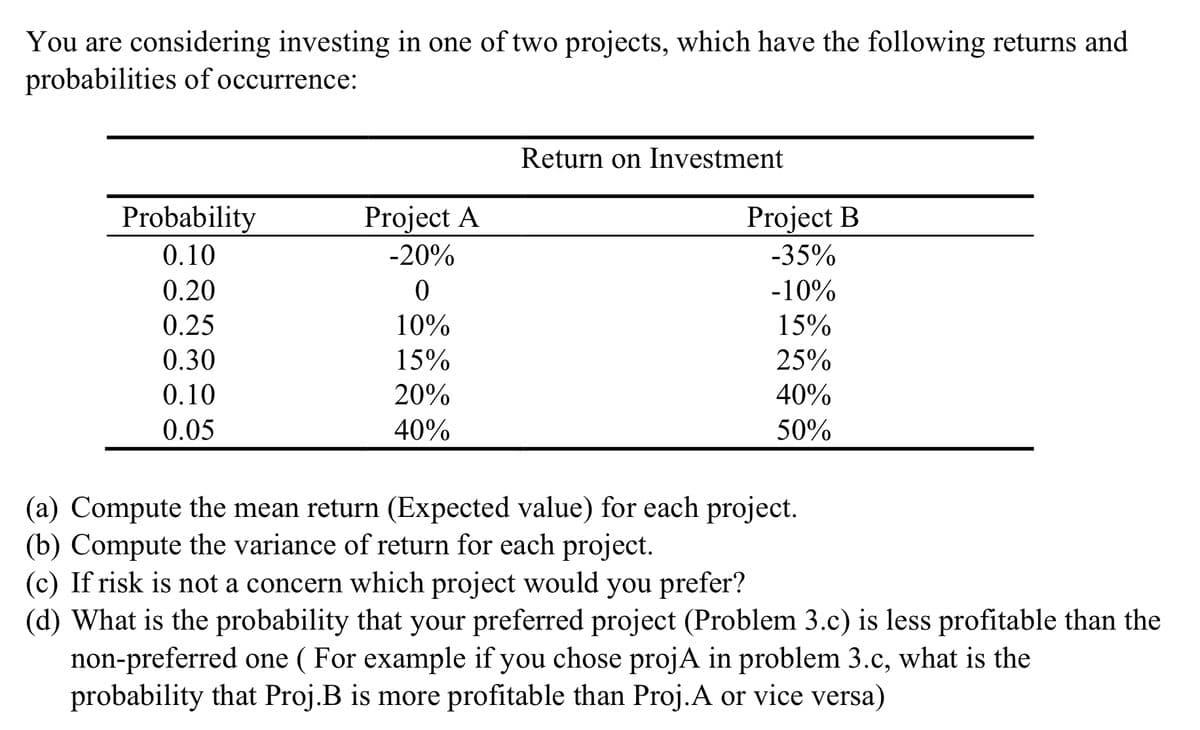 You are considering investing in one of two projects, which have the following returns and
probabilities of occurrence:
Probability
0.10
0.20
0.25
0.30
0.10
0.05
Project A
-20%
0
10%
15%
20%
40%
Return on Investment
Project B
-35%
-10%
15%
25%
40%
50%
(a) Compute the mean return (Expected value) for each project.
(b) Compute the variance of return for each project.
(c) If risk is not a concern which project would you prefer?
(d) What is the probability that your preferred project (Problem 3.c) is less profitable than the
non-preferred one ( For example if you chose projA in problem 3.c, what is the
probability that Proj.B is more profitable than Proj.A or vice versa)