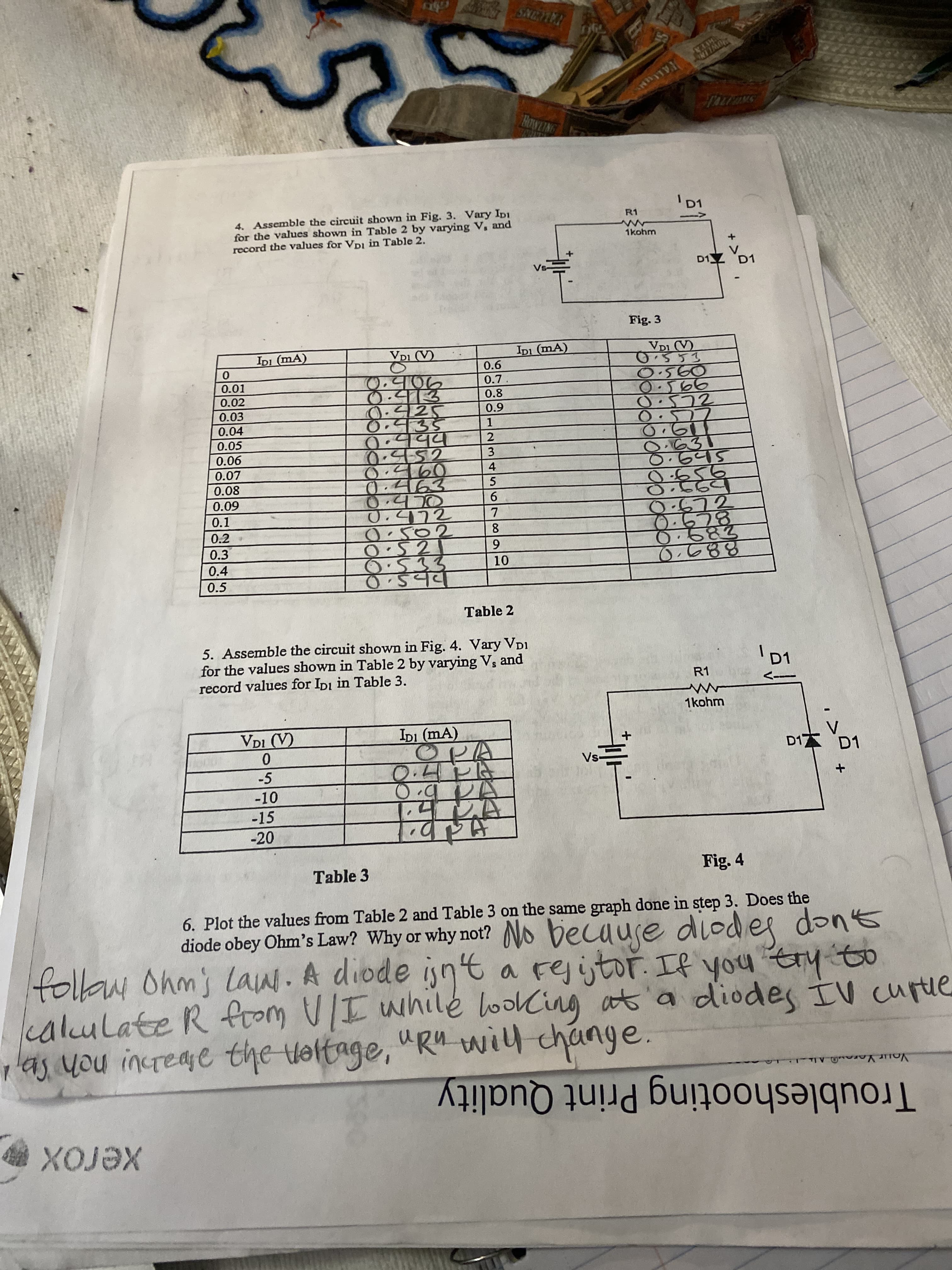 Table 3
6. Plot the values from Table 2 and Table 3 on the same graph done in step 3. Does the
diode obey don't
Ohm's Law? Why or why not? No because diodes
nde in4
relitor Te vou tryto
