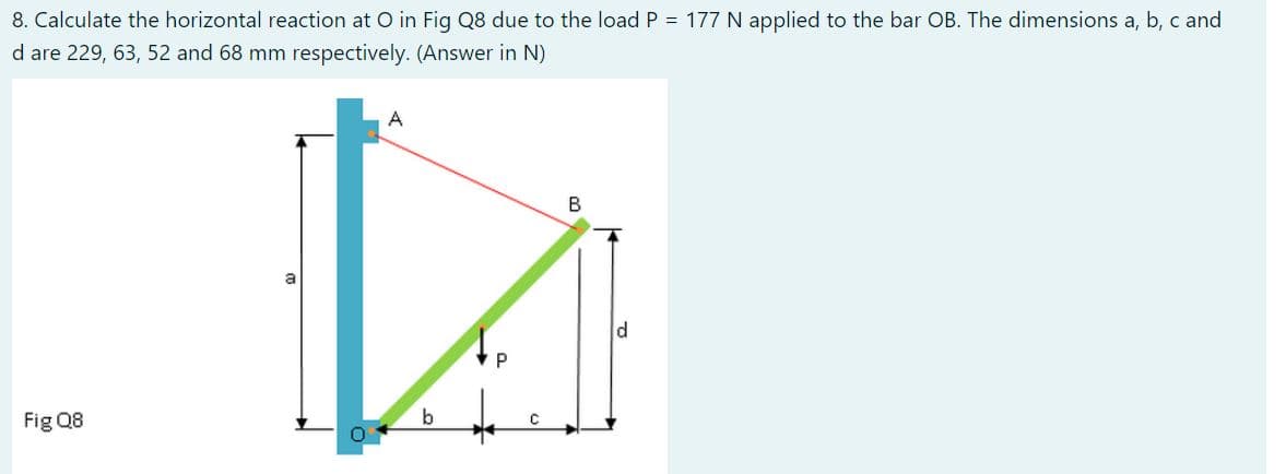 8. Calculate the horizontal reaction at O in Fig Q8 due to the load P = 177 N applied to the bar OB. The dimensions a, b, c and
d are 229, 63, 52 and 68 mm respectively. (Answer in N)
A
a
Fig Q8
b

