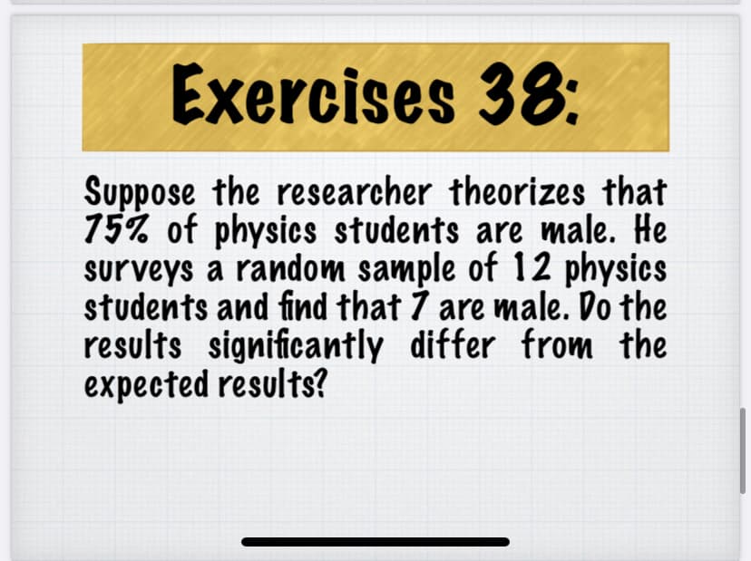 Exercises 38:
Suppose the researcher theorizes that
75% of physics students are male. He
surveys a random sample of 12 physics
students and find that 7 are male. Do the
results significantly differ from the
expected results?

