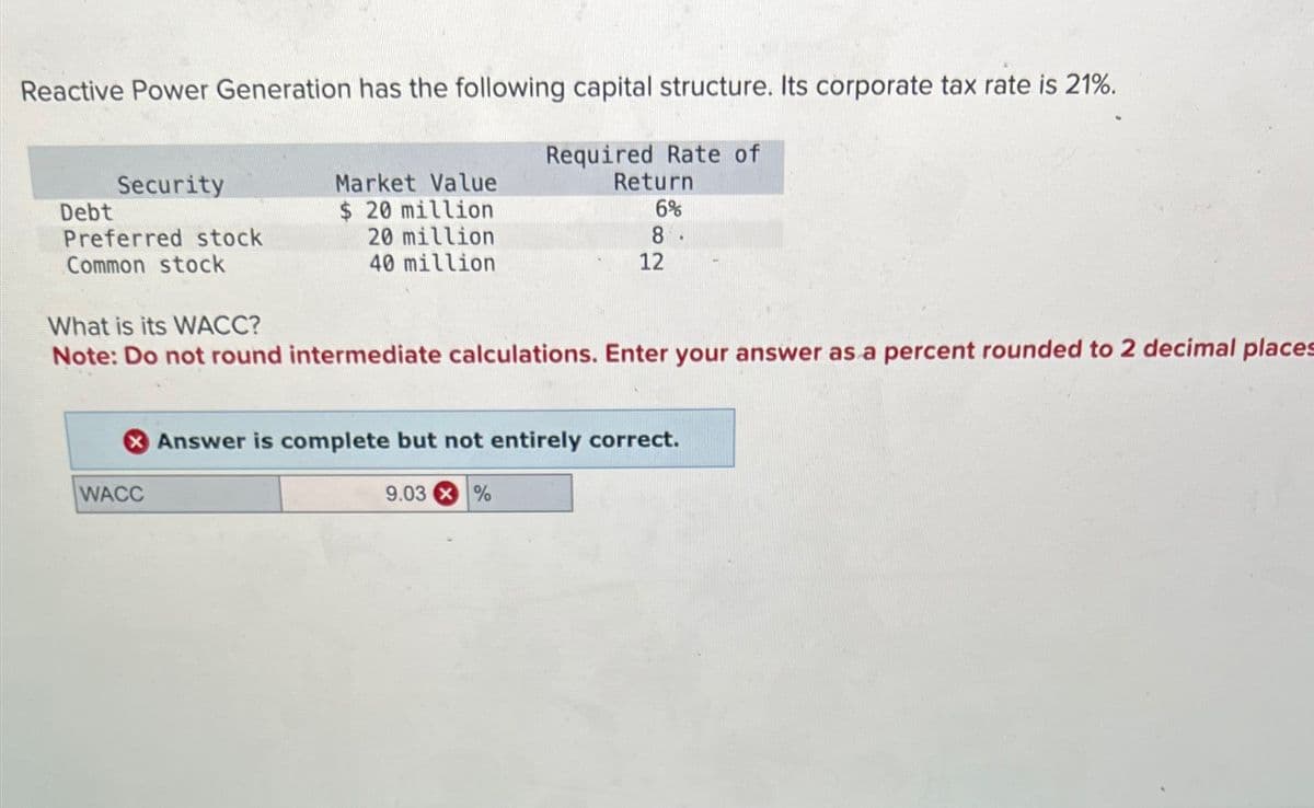 Reactive Power Generation has the following capital structure. Its corporate tax rate is 21%.
Debt
Security
Preferred stock
Common stock
What is its WACC?
Required Rate of
Market Value
Return
$ 20 million
6%
20 million
8.
40 million
12
Note: Do not round intermediate calculations. Enter your answer as a percent rounded to 2 decimal places
WACC
Answer is complete but not entirely correct.
9.03 %