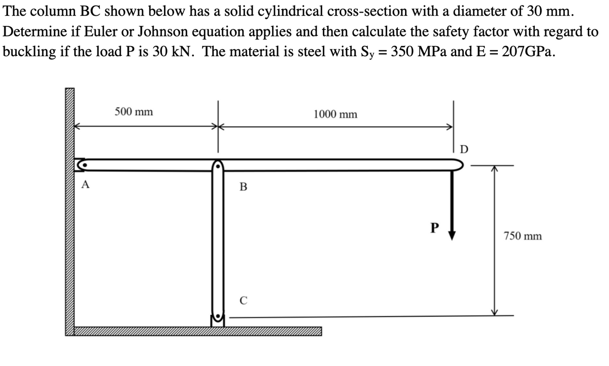 The column BC shown below has a solid cylindrical cross-section with a diameter of 30 mm.
Determine if Euler or Johnson equation applies and then calculate the safety factor with regard to
buckling if the load P is 30 kN. The material is steel with Sy = 350 MPa and E = 207GPa.
A
500 mm
B
C
1000 mm
P
D
750 mm
