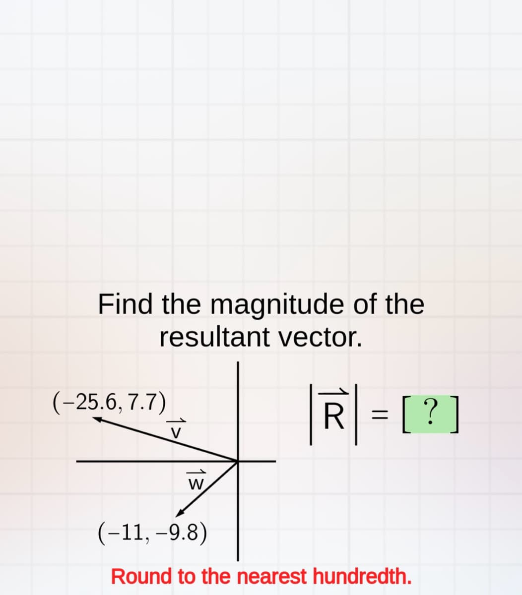 Find the magnitude of the
resultant vector.
(-25.6, 7.7)
V
W
R = [?]
(-11, -9.8)
Round to the nearest hundredth.