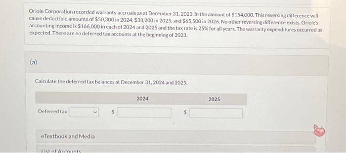 Oriole Corporation recorded warranty accruals as at December 31, 2023, in the amount of $154,000. This reversing difference will
cause deductible amounts of $50,300 in 2024, $38,200 in 2025, and $65,500 in 2026. No other reversing difference exists. Oriole's
accounting income is $166,000 in each of 2024 and 2025 and the tax rate is 25% for all years. The warranty expenditures occurred as
expected. There are no deferred tax accounts at the beginning of 2023.
(a)
Calculate the deferred tax balances at December 31, 2024 and 2025.
Deferred tax
eTextbook and Media
List of Accounts.
2024
2025