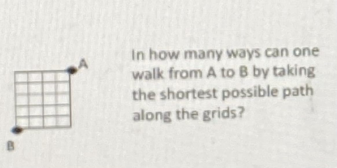 In how many ways can one
walk from A to B by taking
the shortest possible path
along the grids?
