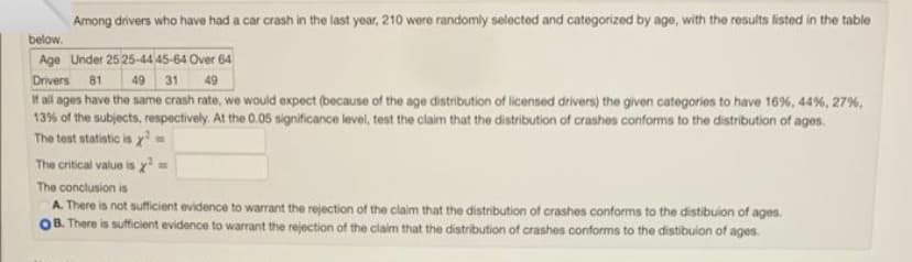 Among drivers who have had a car crash in the last year, 210 were randomly selected and categorized by age, with the results listed in the table
below.
Age Under 25 25-44 45-64 Over 64
Drivers 81
49 31 49
If all ages have the same crash rate, we would expect (because of the age distribution of licensed drivers) the given categories to have 16%, 44 %, 27%,
13% of the subjects, respectively. At the 0.05 significance level, test the claim that the distribution of crashes conforms to the distribution of ages.
The test statistic is x² =
The critical value is x²
The conclusion is
A. There is not sufficient evidence to warrant the rejection of the claim that the distribution of crashes conforms to the distibulon of ages.
OB. There is sufficient evidence to warrant the rejection of the claim that the distribution of crashes conforms to the distibulon of ages.