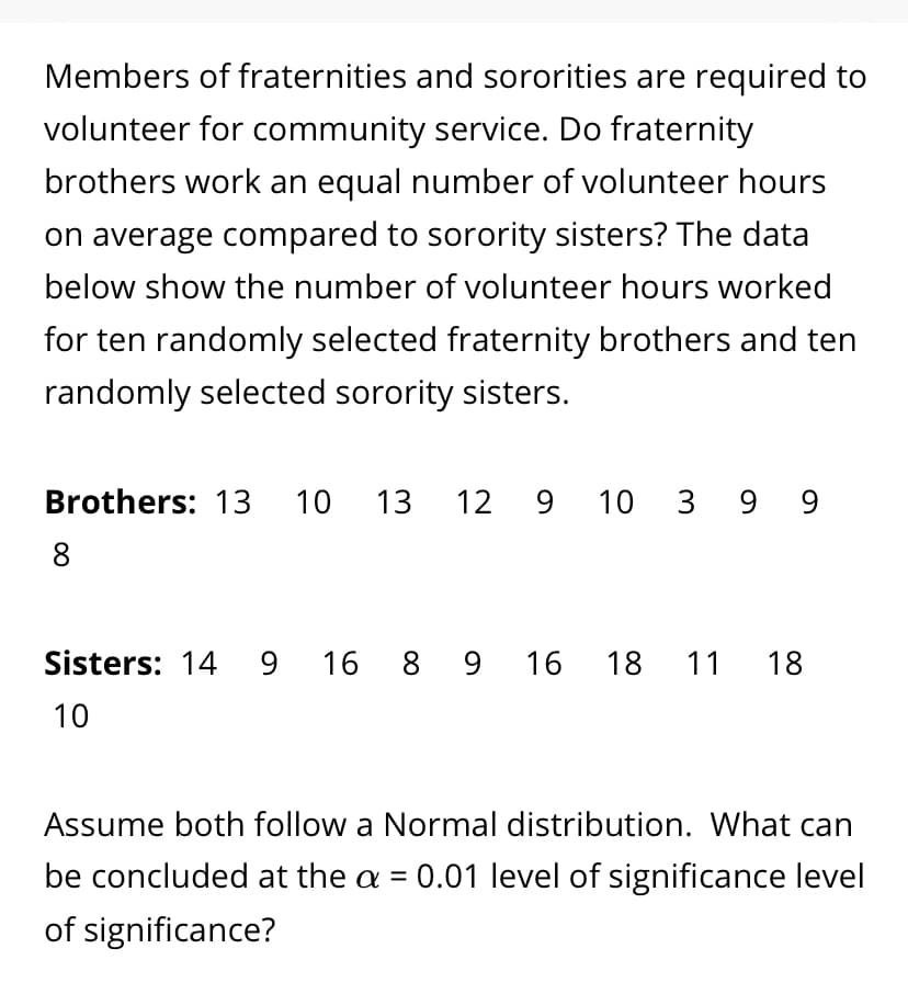 Members of fraternities and sororities are required to
volunteer for community service. Do fraternity
brothers work an equal number of volunteer hours
on average compared to sorority sisters? The data
below show the number of volunteer hours worked
for ten randomly selected fraternity brothers and ten
randomly selected sorority sisters.
Brothers: 13
10
13
12 9 10 3 9 9
8
Sisters: 14
9.
16 8 9 16
18
11
18
10
Assume both follow a Normal distribution. What can
be concluded at the a = 0.01 level of significance level
of significance?
