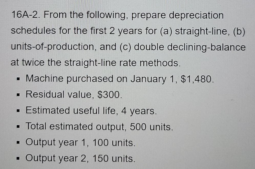 16A-2. From the following, prepare depreciation
schedules for the first 2 years for (a) straight-line, (b)
units-of-production, and (c) double declining-balance
at twice the straight-line rate methods.
Machine purchased on January 1, $1,480.
▪ Residual value, $300.
Estimated useful life, 4 years.
Total estimated output, 500 units.
Output year 1, 100 units.
Output year 2, 150 units.
■
M