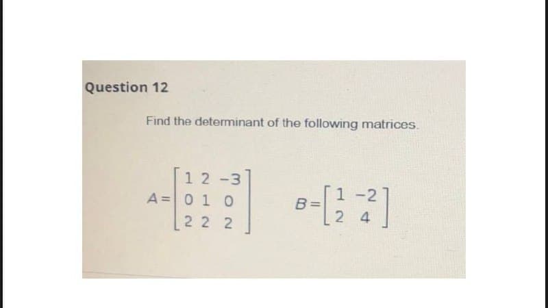 Question 12
Find the determinant of the following matrices.
12-3
A = 0 1 0
1 -2
B=
[22 2
24
