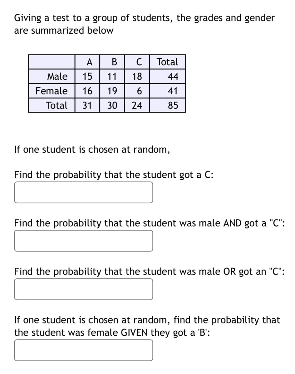 Giving a test to a group of students, the grades and gender
are summarized below
B
с
Male
15
11 18
Female
16 19
6
Total 31 30 24
A
Total
44
41
85
If one student is chosen at random,
Find the probability that the student got a C:
Find the probability that the student was male AND got a "C":
Find the probability that the student was male OR got an "C":
If one student is chosen at random, find the probability that
the student was female GIVEN they got a 'B':